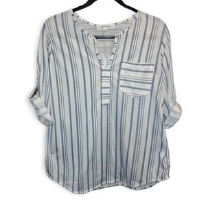 Eden & Olivia Striped Blouse Womens Medium Blue White Good Roll Tab Split Neck‎